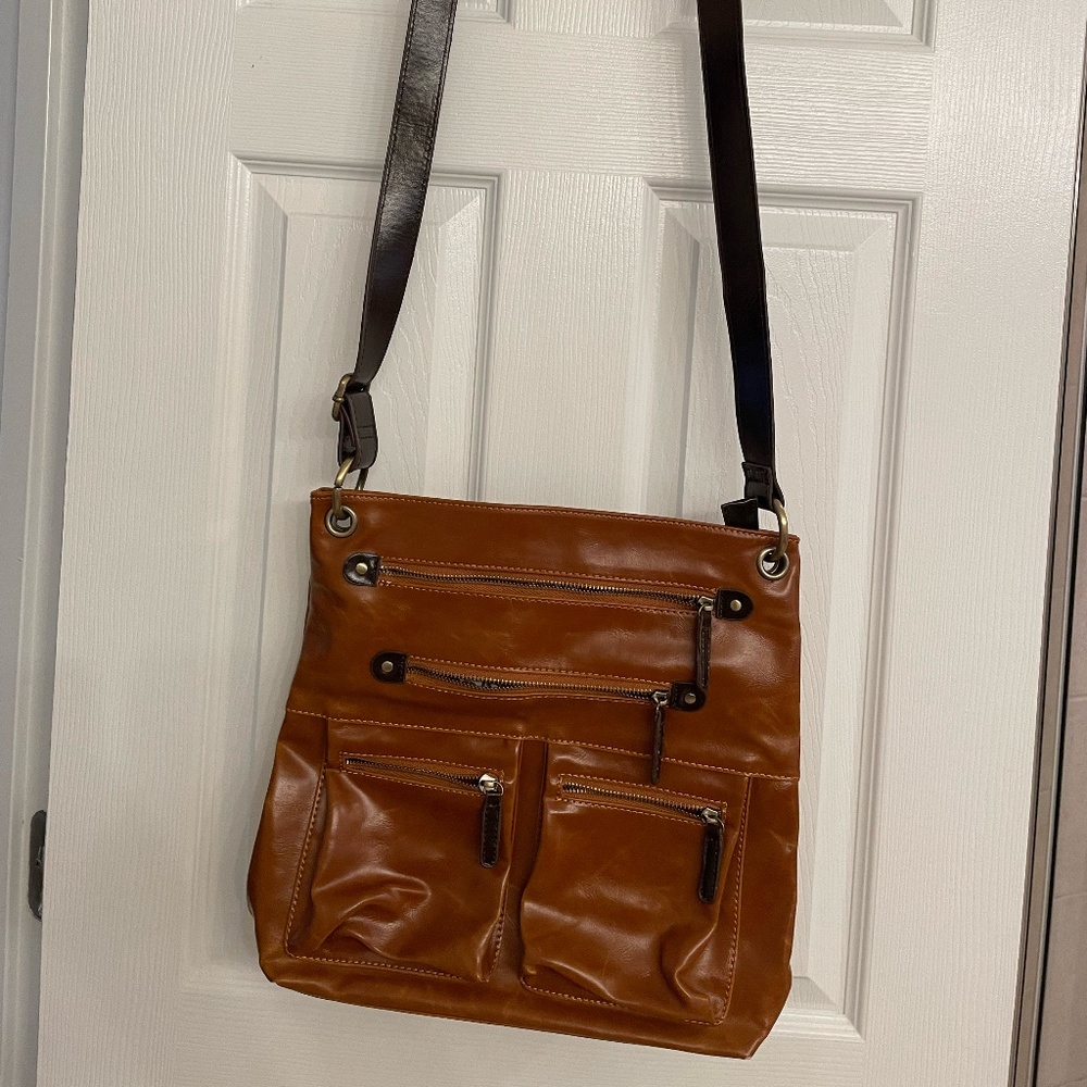 Shiraleah Harper cross body vegan leather handbag in pumpkin/brown.